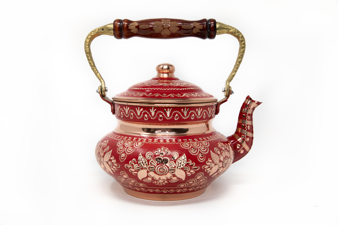 Vintage Copper Turkish Tea Kettle Pot for Stovetop – Handmade Decorative Red Floral Teapot