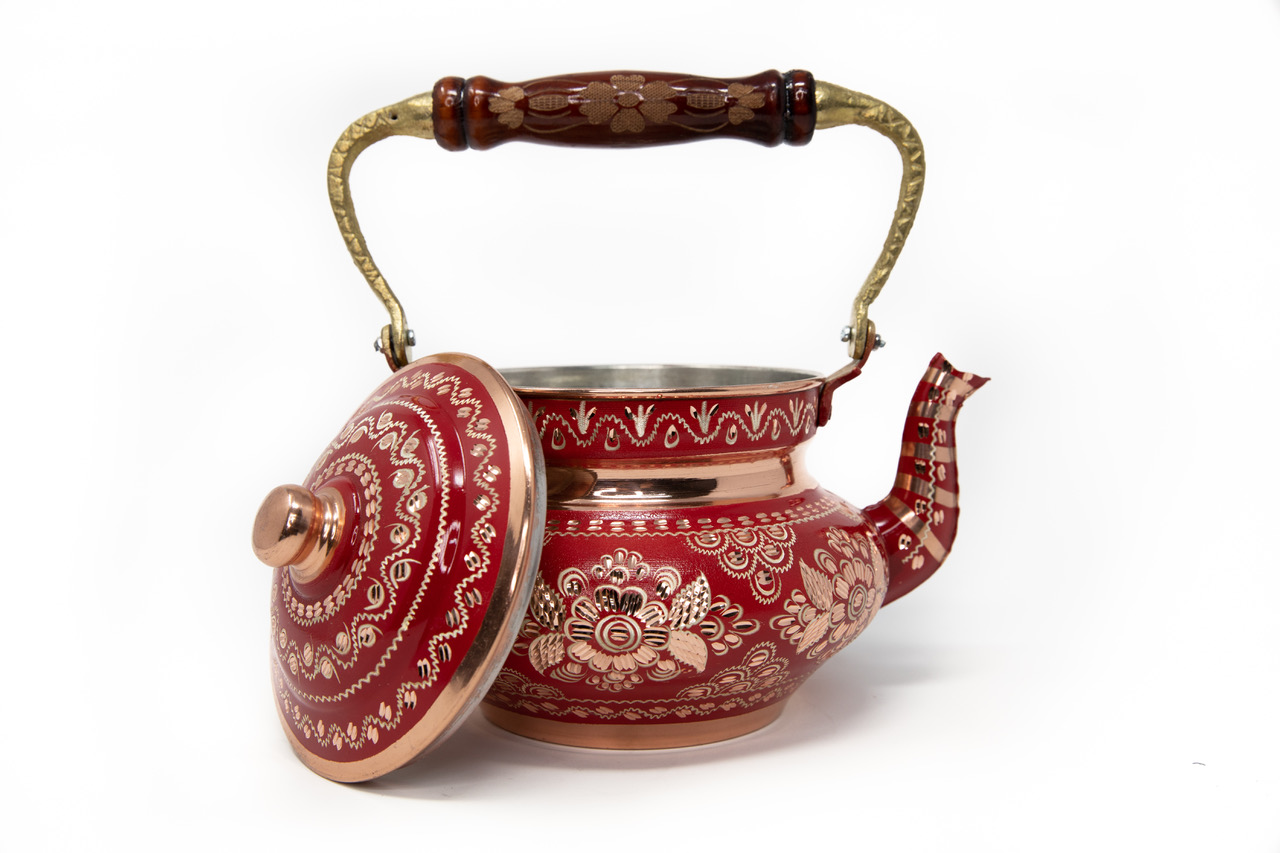Vintage Copper Turkish Tea Kettle Pot for Stovetop – Handmade Decorative Red Floral Teapot - Image 3