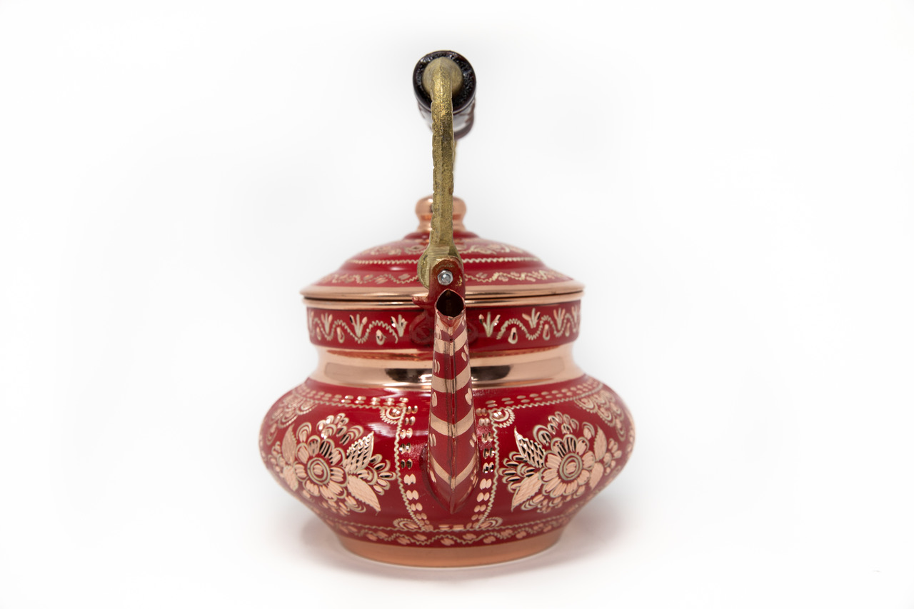 Vintage Copper Turkish Tea Kettle Pot for Stovetop – Handmade Decorative Red Floral Teapot - Image 4