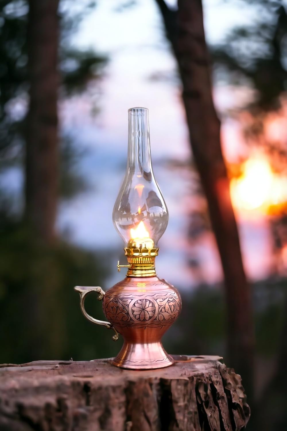 handmade copper oil lamp | vintage handcrafted hurricane lantern for indoor & outdoor use 14.96 inch || 38 cm