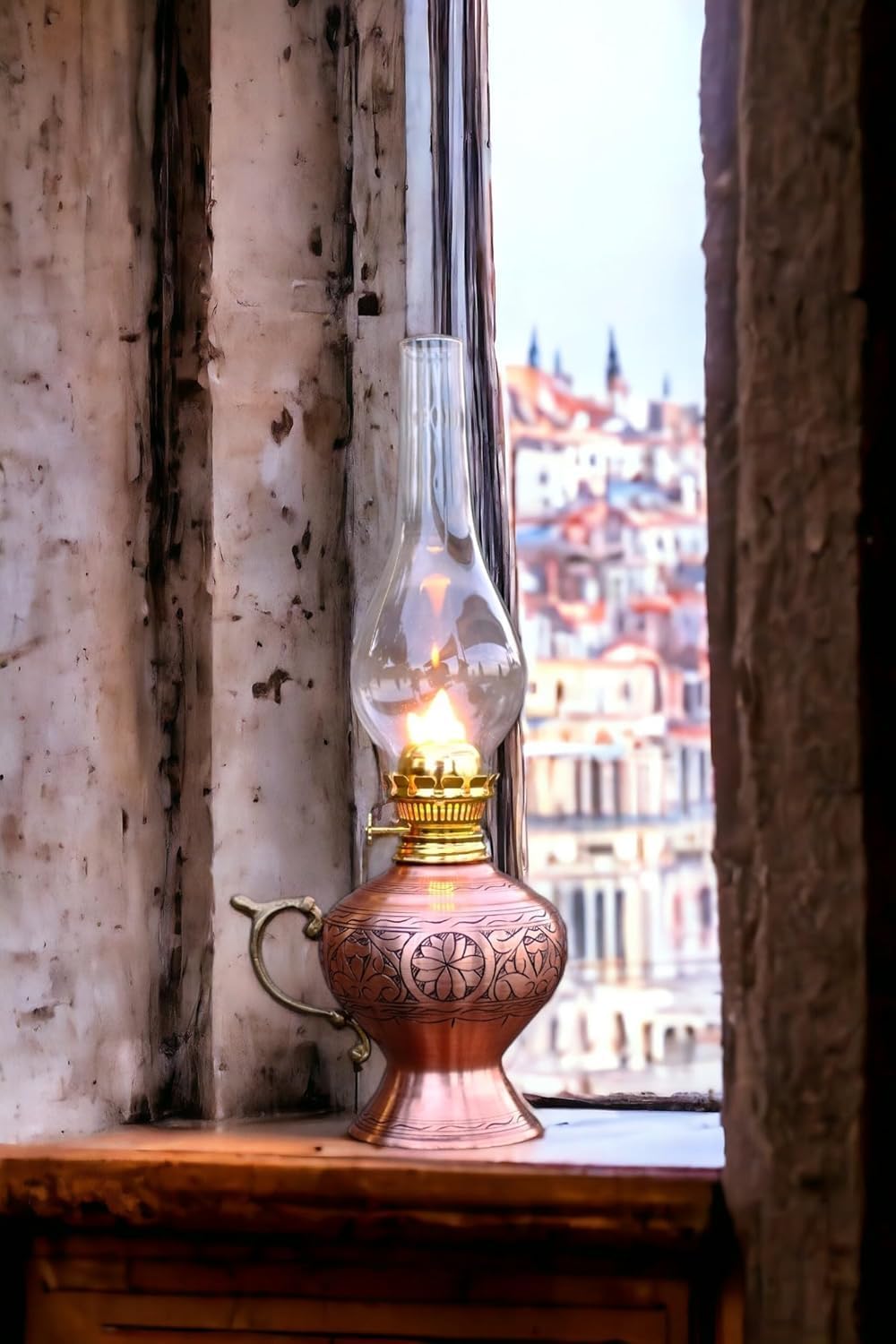 handmade copper oil lamp | vintage handcrafted hurricane lantern for indoor & outdoor use 14.96 inch || 38 cm