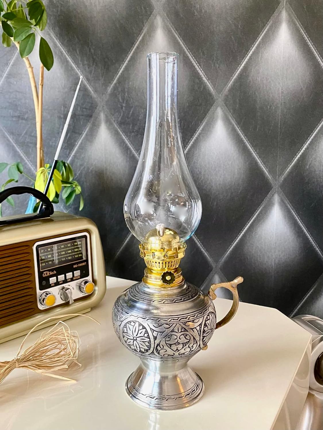 vintage handcrafted hurricane lantern for indoor & outdoor use 14.96 inch || handmade copper oil lamp || 38 cm
