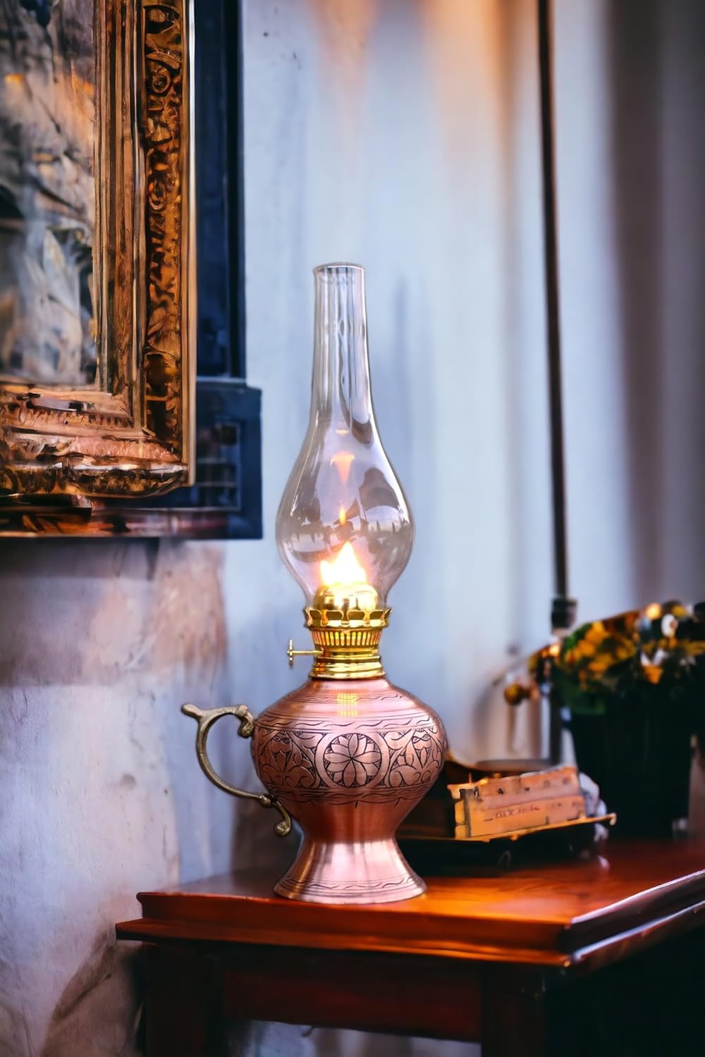 handmade copper oil lamp | vintage handcrafted hurricane lantern for indoor & outdoor use 14.96 inch || 38 cm