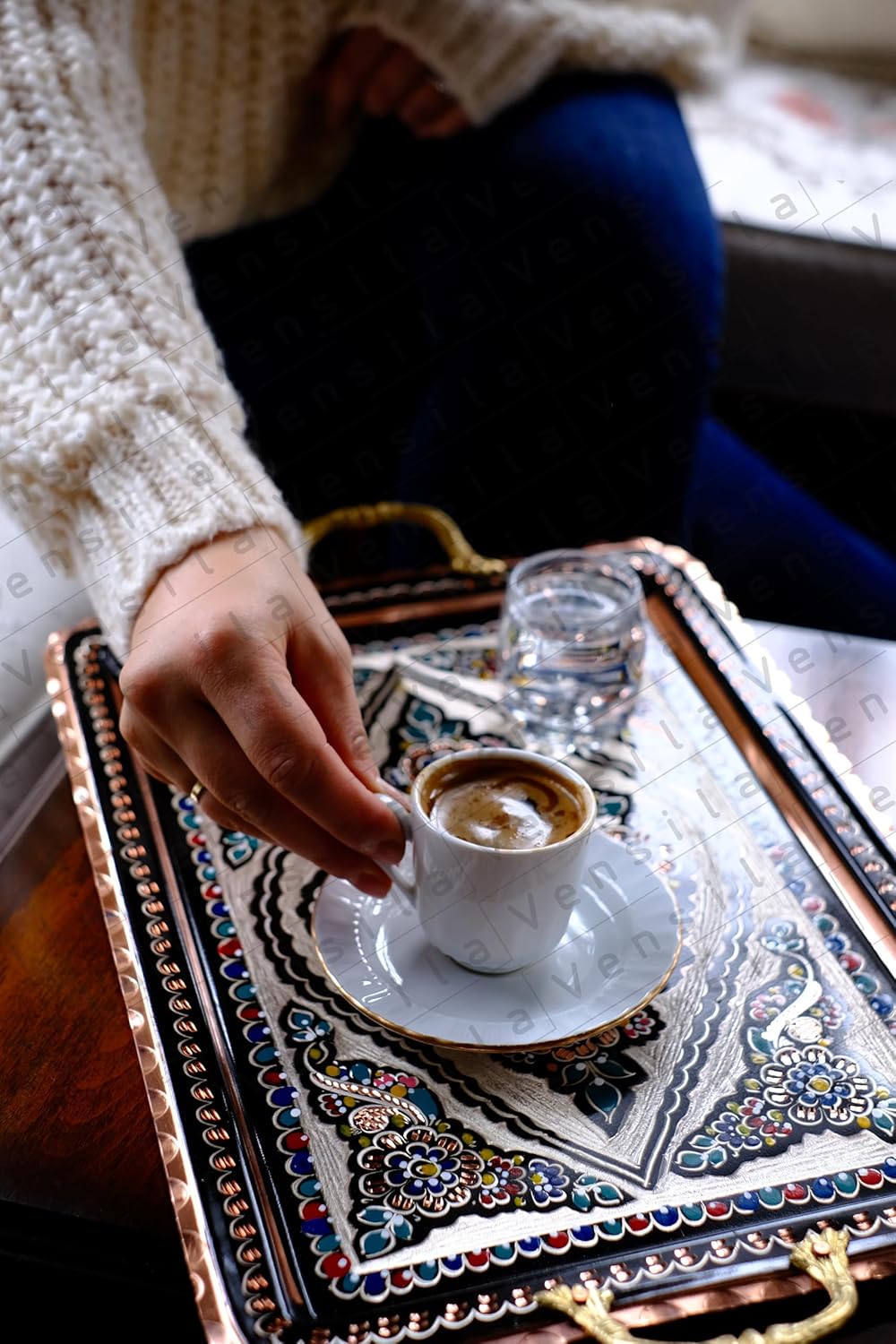 handcarved turkish coffee tray with copper handles rectangular decorative serving tray for coffee table and countertop floral pattern beer or tea beverage service
