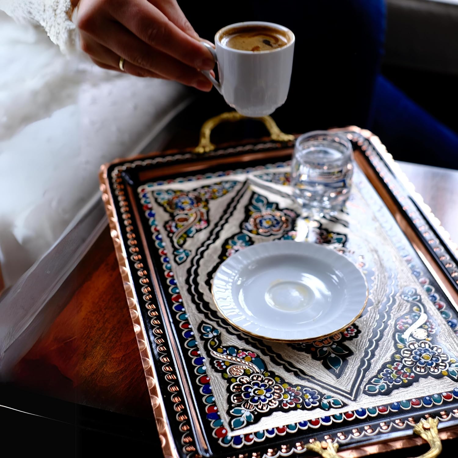 handcarved turkish coffee tray with copper handles rectangular decorative serving tray for coffee table and countertop floral pattern beer or tea beverage service