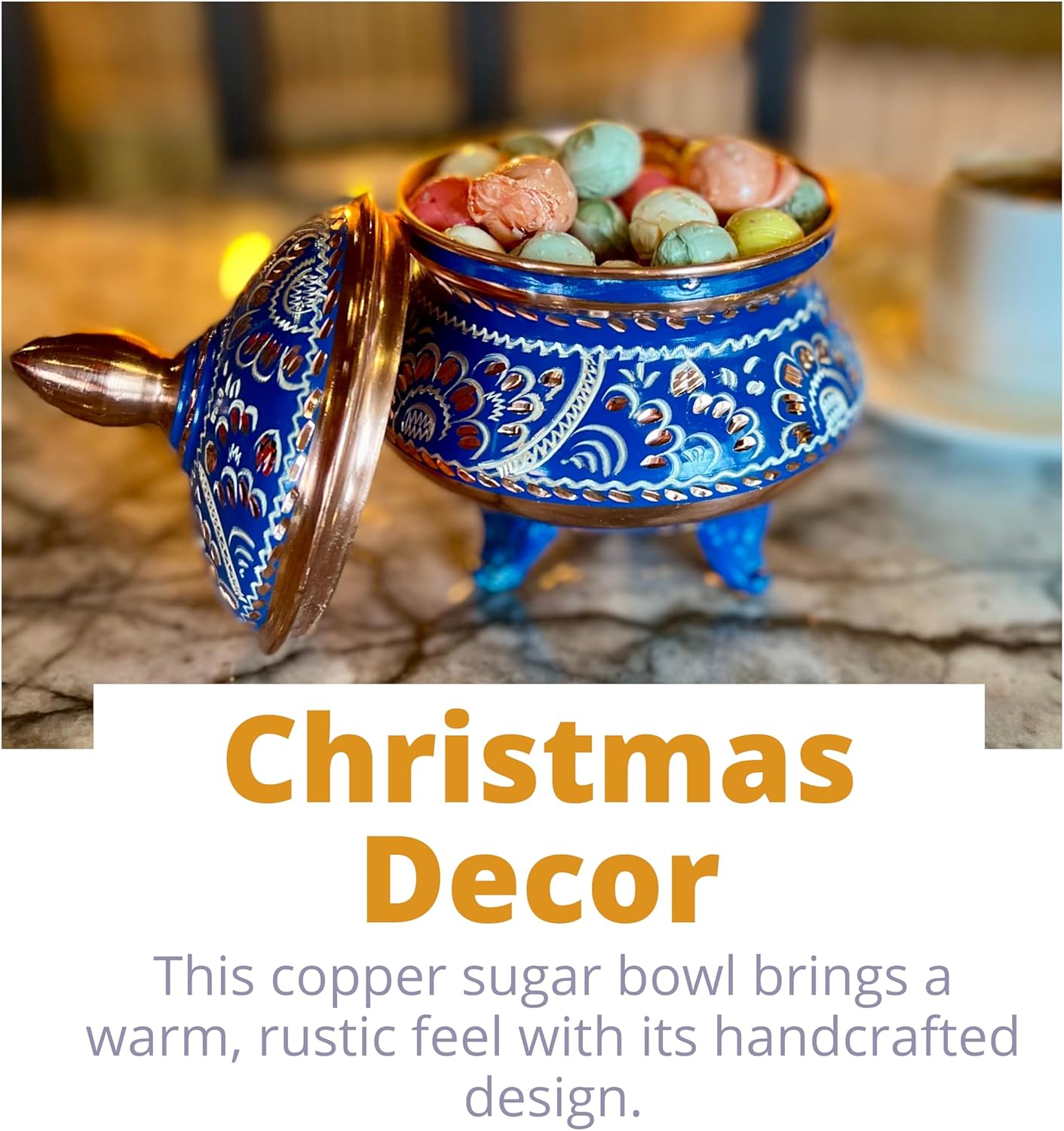 handmade copper sugar bowl | elegant and traditional copper bowl for serving sugar, spices, and small treats | antique finish, durable design, and suitable for kitchen decor