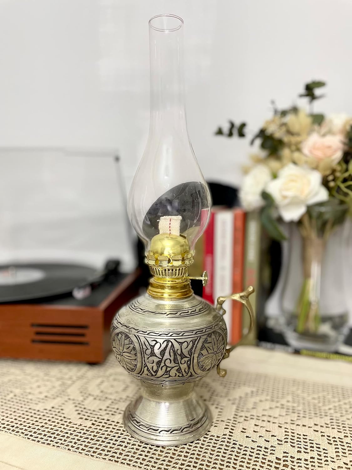 vintage handcrafted hurricane lantern for indoor & outdoor use 14.96 inch || handmade copper oil lamp || 38 cm