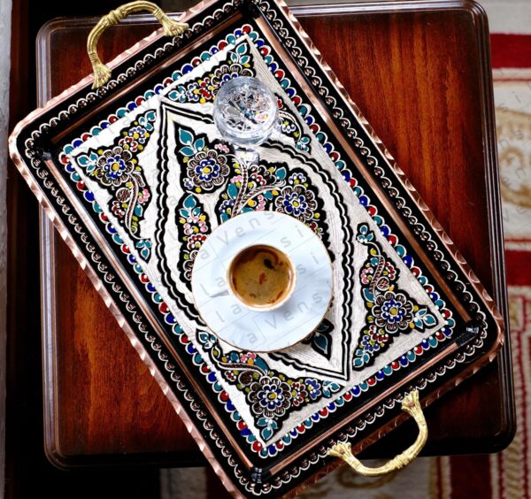 handcarved turkish coffee tray with copper handles rectangular decorative serving tray for coffee table and countertop floral pattern beer or tea beverage service
