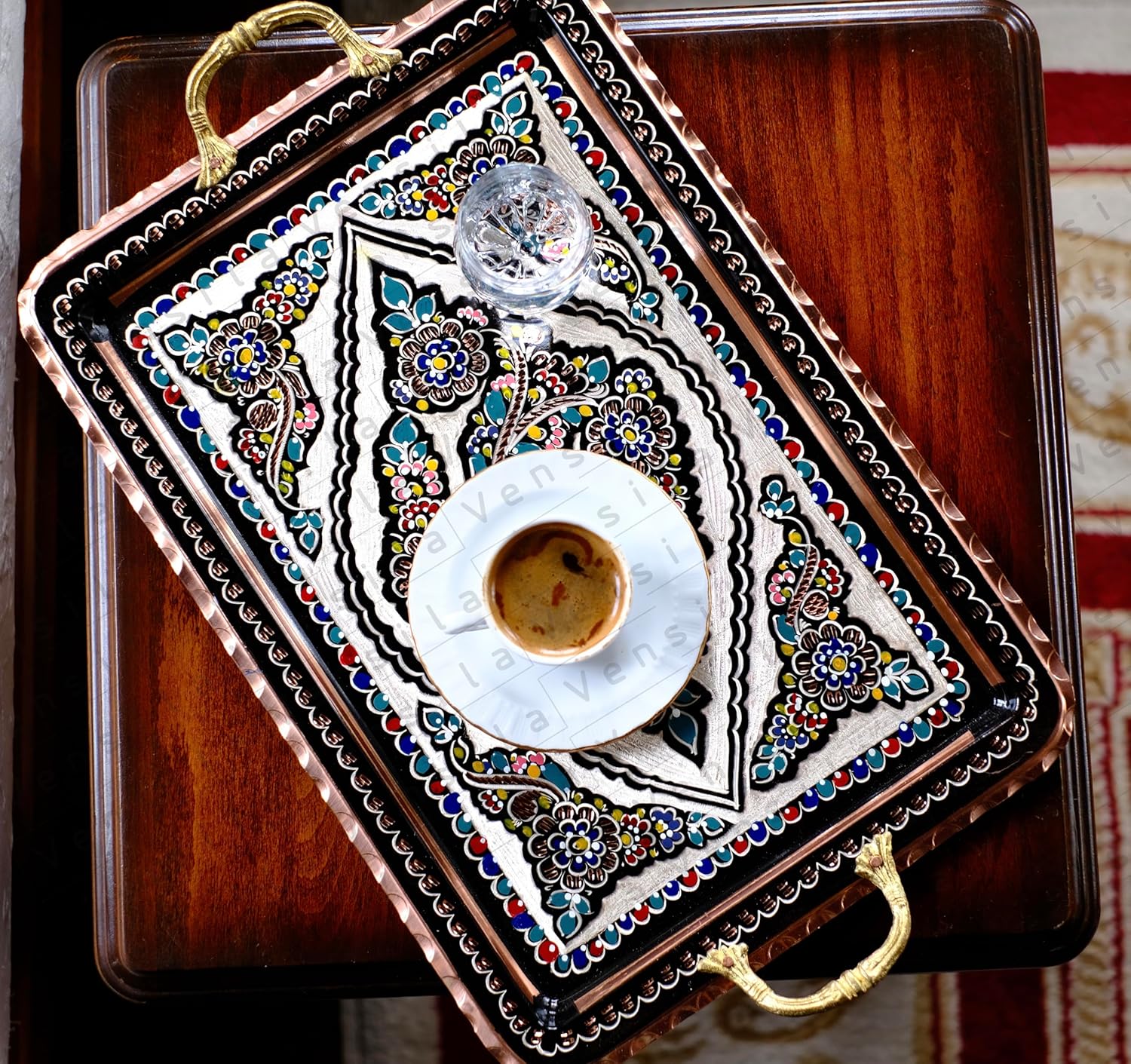 handcarved turkish coffee tray with copper handles rectangular decorative serving tray for coffee table and countertop floral pattern beer or tea beverage service