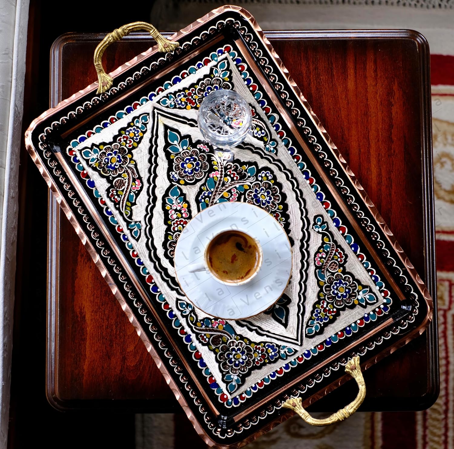 handcarved turkish coffee tray with copper handles rectangular decorative serving tray for coffee table and countertop floral pattern beer or tea beverage service