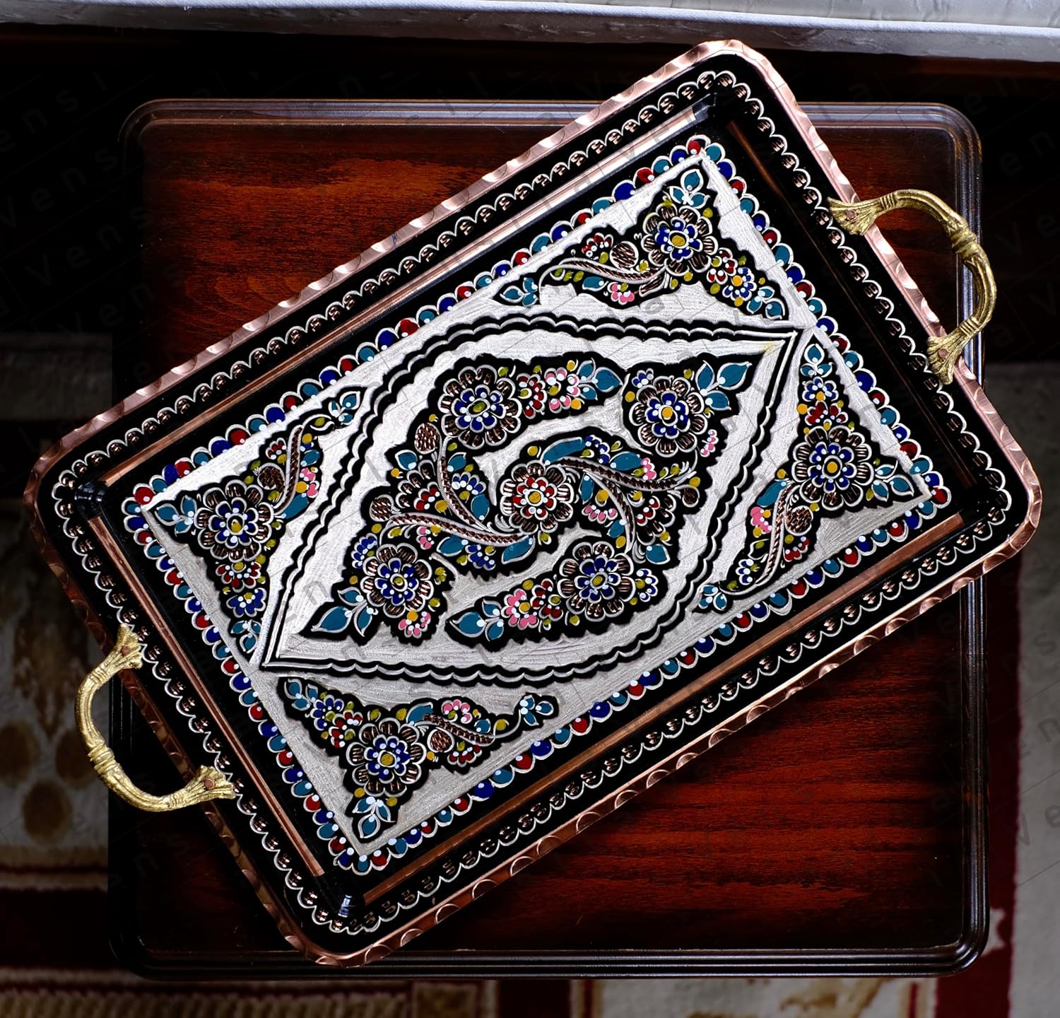handcarved turkish coffee tray with copper handles rectangular decorative serving tray for coffee table and countertop floral pattern beer or tea beverage service