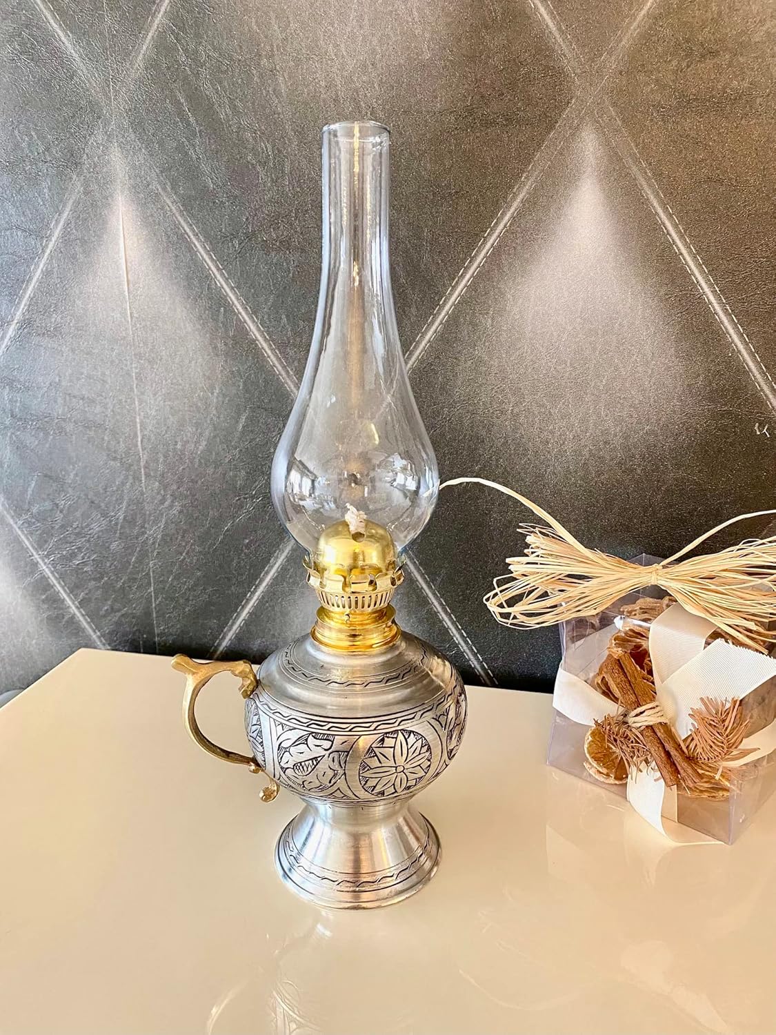 vintage handcrafted hurricane lantern for indoor & outdoor use 14.96 inch || handmade copper oil lamp || 38 cm