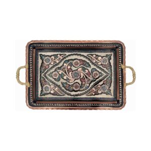 handcarved turkish coffee tray with copper handles rectangular decorative serving tray for coffee table and countertop floral pattern beer or tea beverage service